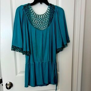 Aqua Green Teal Blouse with Crochet Accents